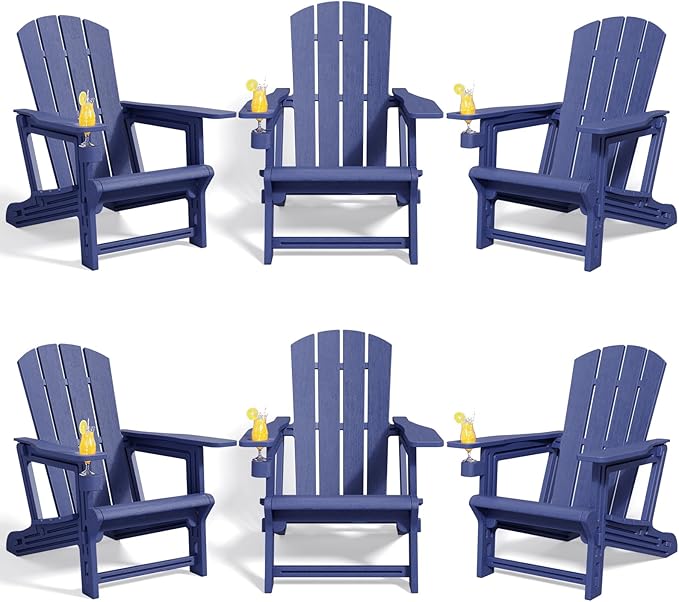 Adirondack Chairs Set of 6,Adirondack Chair with Cup Holders,Wooden Textured Plastic Fire Pit Chair,All-Weather Outdoor Patio Chairs for Lawn,Backyard Deck, Porch,400LBS Heavy-Duty,Navy Blue