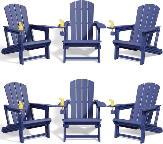 Adirondack Chairs Set of 6,Adirondack Chair with Cup Holders,Wooden Textured Plastic Fire Pit Chair,All-Weather Outdoor Patio Chairs for Lawn,Backyard Deck, Porch,400LBS Heavy-Duty,Navy Blue