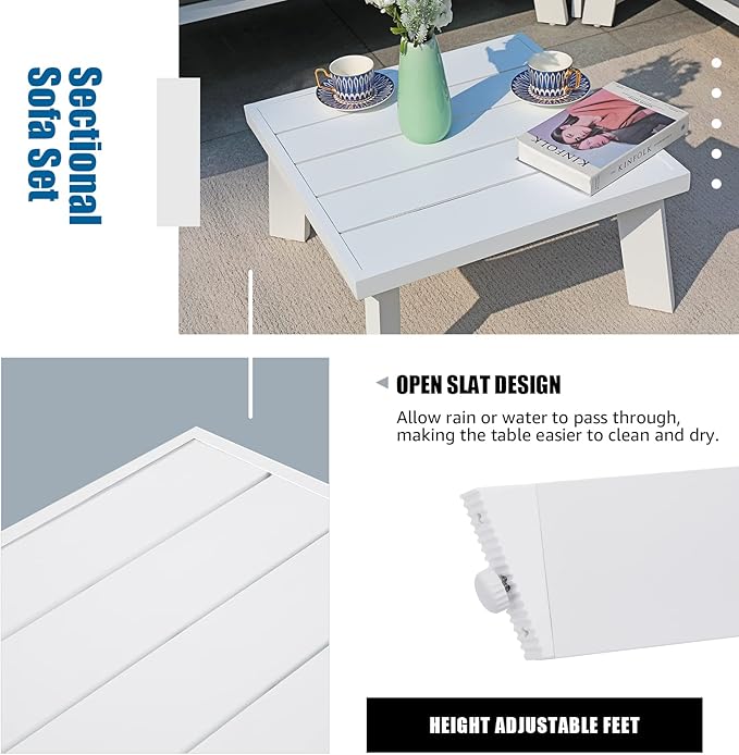 Soleil Jardin 4-Piece Outdoor Patio Furniture Set L-Shaped Aluminum Sectional Sofa with Coffee Table All-Weather Patio Conversation Set with Cushions, White