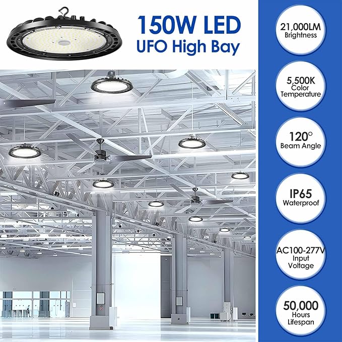 LED High Bay Light 150W PREM 4-Pack, 10' UFO Commercial Lighting Fixture w/Plug for Garage Shop Warehouse Workshop, 150W 5000k 21000lm Dimmable IP65 UL ETL Listed (Count of 4)