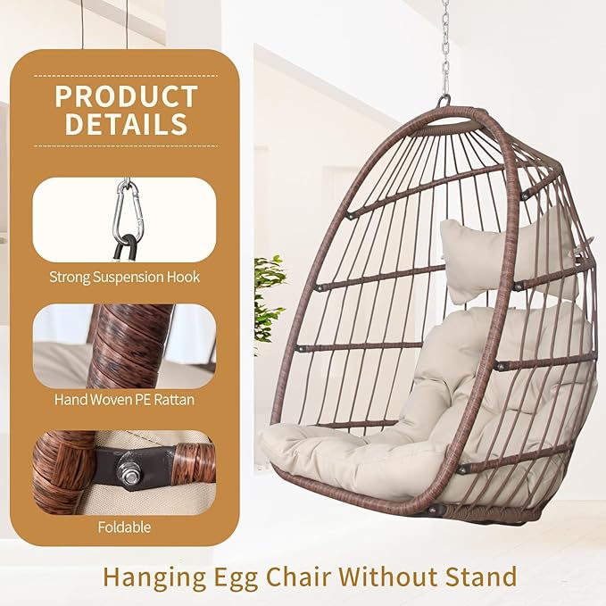Nicesoul Outdoor Hanging Egg Chair Without Stand, Patio Wicker Swing Egg Basket Chairs with Padded Cushions, 350 Lbs Ceiling Tree Swinging Egg-Shaped Chair No Stand for Indoor Bedroom Porch, Brown