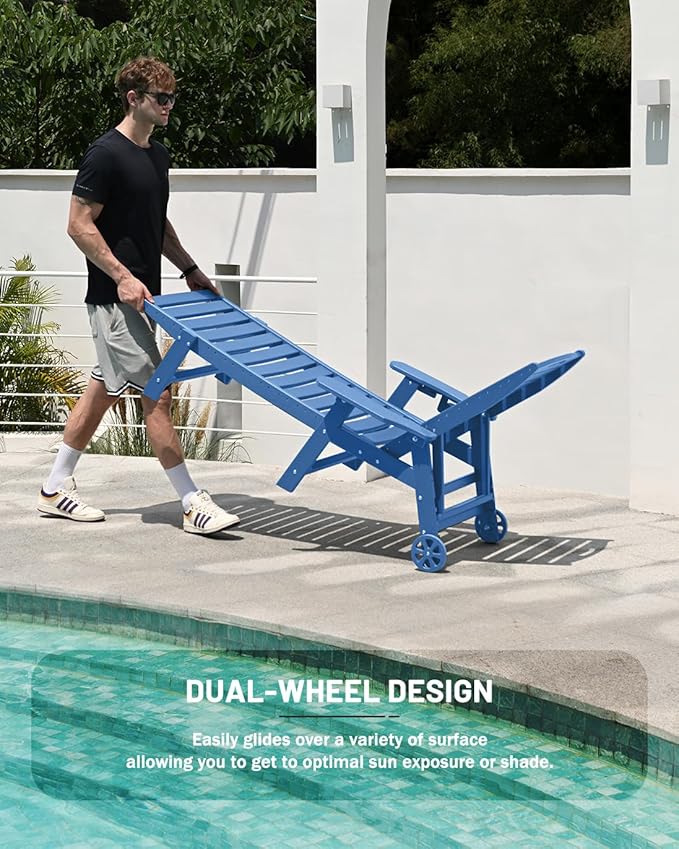 Modern Navy Blue Polypropylene HDPE Outdoor Patio Lounge Chair Set of 2 with 6-Position Adjustable Backrest, Wheels, Cup Holder, 450 lbs Weight Capacity