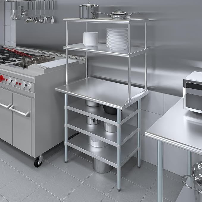 Amgood 24" x 30" Stainless Steel Work Table with 3 Shelves and 18" Wide Double Tier Overshelf | Metal Kitchen Prep Table & Shelving Combo | NSF