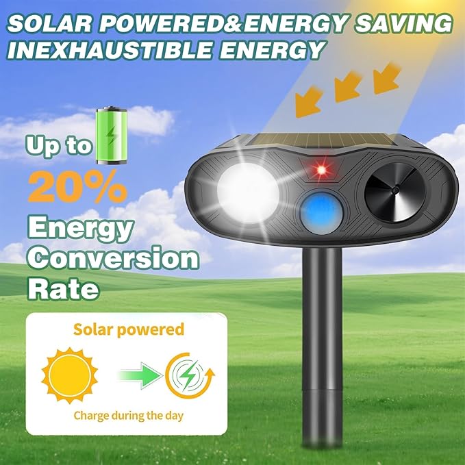 Ultrasonic Animal Repellent Outdoor Deer Repellent Devices, 2Pack Solar Animal Repeller with Motion Detection Cat Squirrel Dog Repellent Deterrent with LED Flash Lights for Yard (Black) 251113 (2)