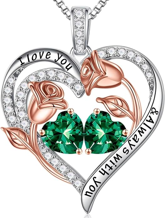 Iefil Christmas Gifts for Women Wife - 925 Sterling Silver Rose Heart Birthstone Necklace Birthday Anniversary Jewelry Gifts for Her Wife Mom Daughter