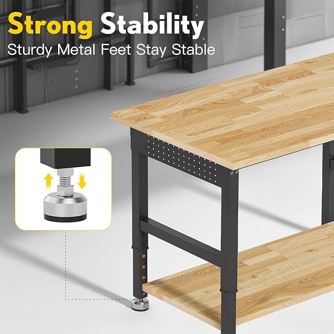 84” Adjustable Work Bench, 2-Layer Heavy Duty Workbench, 6000 LBS Capacity Workbench with Pegboard & Power Outlet, Rubber Wood Work Table for Garage, Office, Workshop, Home