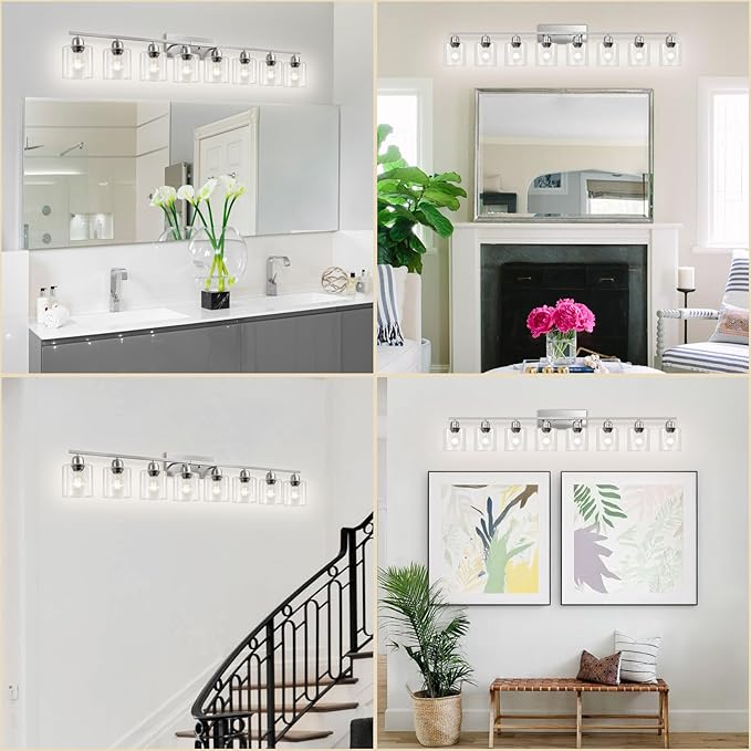 Modern Brushed Nickel 8 Light Bathroom Light Fixtures,52 inch Vanity Lights with Clear Glass, Bathroom Light Fixture for Mirror Kitchen Living Room Hallway Cabinet Porch