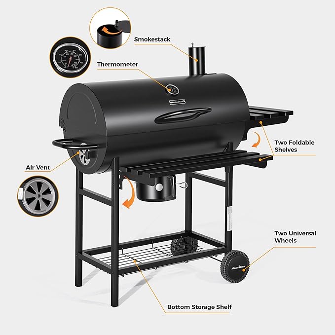 MASTER COOK Barrel Charcoal Grill with Foldable Front Shelf, Outdoor bbq Grill with 686 Sq.in. Cooking Area, Thermometer and Adjustable Air Vents for Patio, Parties,Backyard, Tailgating, Black