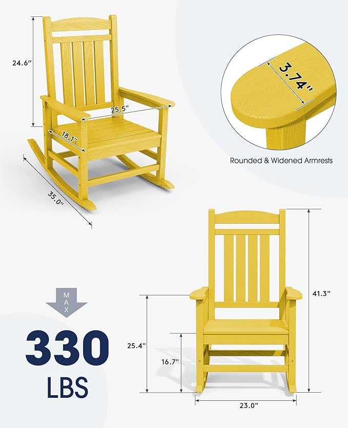 KINGYES HDPE Outdoor Rocking Chair Set of 4, All-Weather Poly Patio Rocking Chairs with 330lbs Support for Adults, Yellow