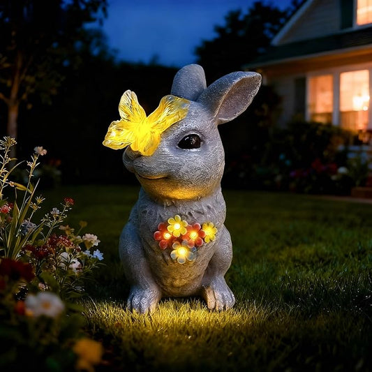 Charming Bunny Garden Statue with Solar Light - Rabbit Figurine Featuring Glowing Flowers & Butterfly - Rustic Outdoor Decor for Spring Patio & Yard - Christmas Birthday Gifts for Grandma Mom Women
