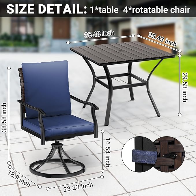 LEVELEVE 5 Piece Outdoor Patio Dining Set with 4 Swivel Dining Chairs & 1 Large Square Dining Table,Bistro Furniture Set for Lawn, Garden, Deck, Backyard and Porch