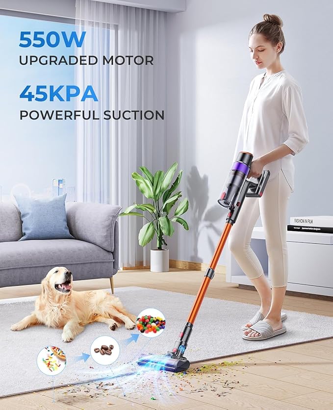 Fieety Cordless Vacuum Cleaner, 550W 45KPA 60Mins Cordless Stick Vacuum Cleaner with Rechargeable Battery, LED Touch Display, Handheld Vacuum Cleaners for Home/Pet Hair/Carpets/Floors