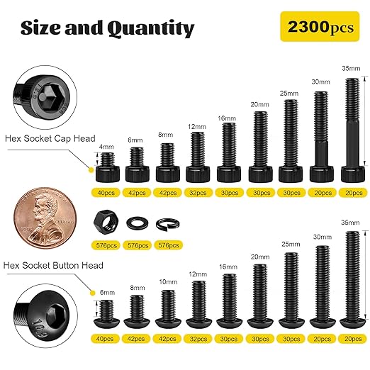 2300PCS M3 Screws with Nuts Assortment Kit, M3x4/6/8/12/16/20/25/30/35 mm Hex Socket Button & Cap Head Bolts Nut and Washers Set, 12.9 & 10.9 Grade Black Zinc Plated for DIY, 3D Printer