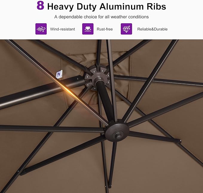 PURPLE LEAF 9X11.5Ft Rectangle Cantilever Umbrella with Base Patio Umbrella Outdoor Aluminum Offset Hanging Umbrella with 360-degree Rotation for Pool Garden Backyard Deck, Taupe