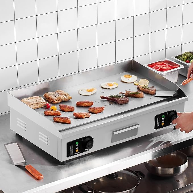VEVOR Commercial Electric Griddle, 4400W Countertop Flat Top Grill, 122℉-572 ℉ Adjustable Temp, 29in Stainless Steel Griddle Grill with 2 Shovels and 2 Brushes for Home or Restaurant(220V No Plug)