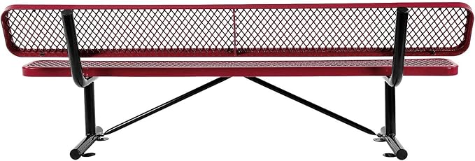 Global Industrial 8'L Heavy Duty Expanded Metal Mesh Bench with Backrest with Steel Frame, Portable Outdoor Bench, 1000 lbs Capacity, Red, 96" L x 24" W x 33" H