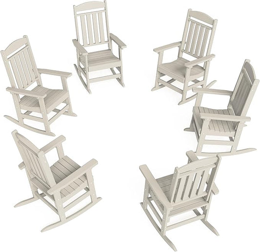 FOOWIN Outdoor Rocking Chair Set of 6, High Back Patio Rocking Chair, HDPE All Weather Resistant Porch Rocker for Adult, Oversized Rocking Chairs for Garden, Lawn, Indoor & Outdoor Use, Sand