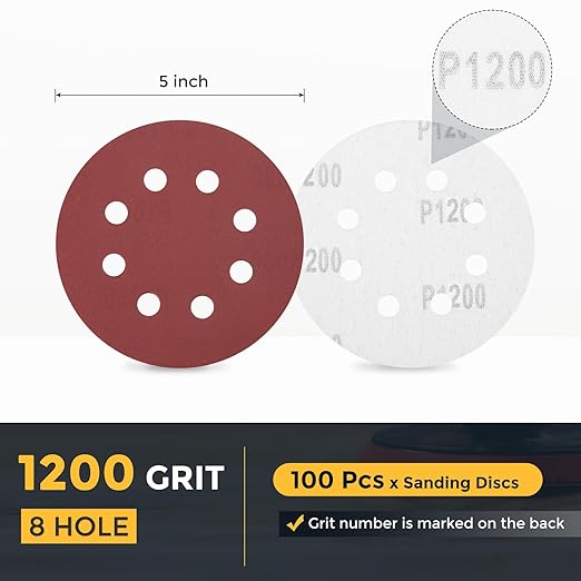 HARFINGTON 100 Pcs 5 Inch Sanding Discs, 1200 Grit Hook and Loop Sandpaper, 8-Hole Aluminum Oxide Orbital Sander Sandpaper for Woodworking Automotive Metal Polishing, Red