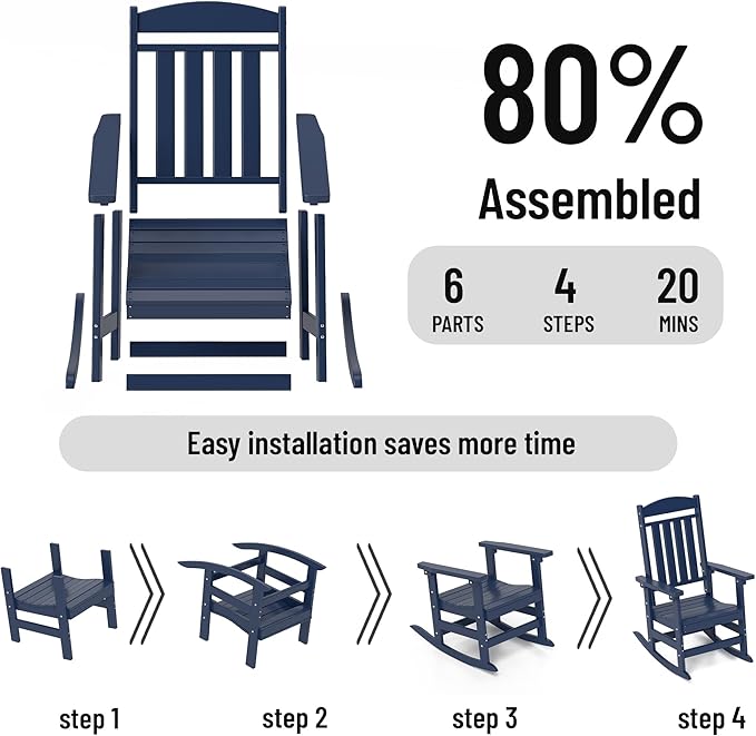 Outdoor Rocking Chairs Set of 8, Oversized High Back Patio Rocking Chairs, All Weather Porch Rocking Chairs for Outside. Navy Blue