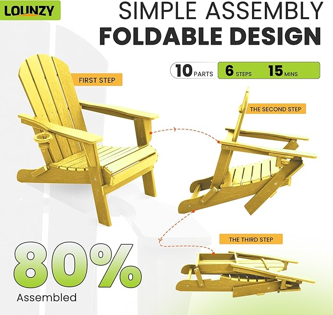 LOUNZY Folding Adirondack Chair with Cup Holder, HDPE All-Weather Folding Patio Chair, Outdoor Patio Adirondack Chair for Lawn Porch Garden Backyard Deck Fire Pit, Yellow