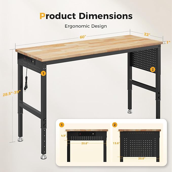 60" Adjustable Heavy Duty Workbench, 2000 LBS Load Capacity Rubber Wood Work Table with Pegboard, Power Outlets, Work Bench for Garage, Workshop, Office, Home, Commercial