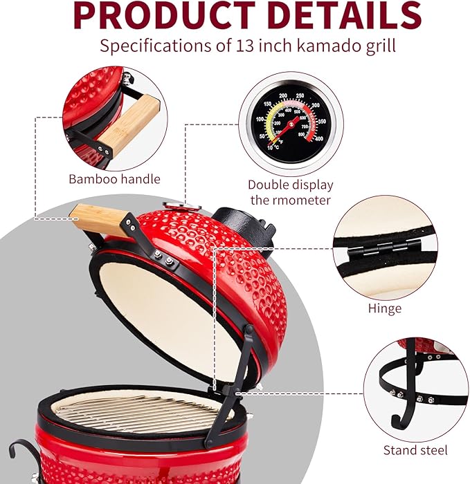 Outvita 13" Round Kamado Charcoal Grill, Portable Ceramic Barbecue Grill with Thermometer for Variations on Cooking Methods(Red)