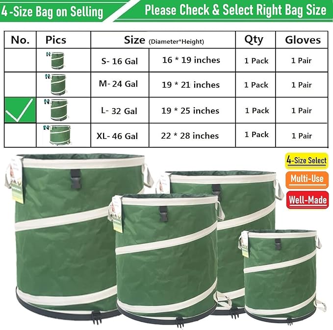 32-Gallon Collapsible Trash Can (19x25 in) Hard-Shell Bottom Yard Garden Bag for Yard Waste,Debris bag,Leaf Bag,Pop-Up Recycling Bin,Cars,RV Camping Waste Bin,Laundry Hamper,Lawn Grass,Weeds Basket