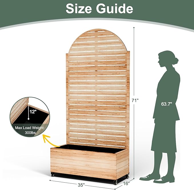 Metal Planter Box with Trellis for Climbing Plants, Privacy Planter with Trellis, Standing Planters Boxes with Privacy Screen, Drainage Holes (35" L, Arch White Wood Grain)