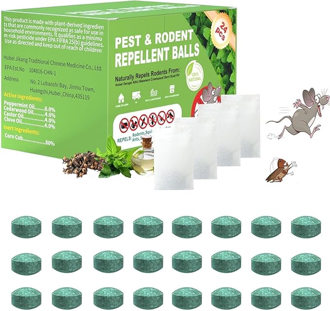 【𝐇𝐢𝐠𝐡𝐥𝐲 𝐄𝐟𝐟𝐞𝐜𝐭𝐢𝐯𝐞】 Mouse Rodent Repellent, Peppermint Oil Mouse Balls for Rat Mice, Ant, Roach, Spider, Squirrel, Insect Control Deterrent for Indoor Outdoor, for Garden & Home-24 Pcs