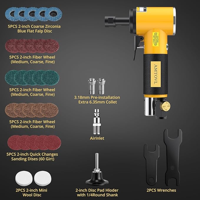 AMTOVL Air Die Grinder Kit, Right Angle Die Grinder with 1/4" 1/8" Collets and 2" Quick Change Roll Lock Sanding Discs Accessories Set, 20,000RPM Pneumatic Air Grinding Tools Attachments