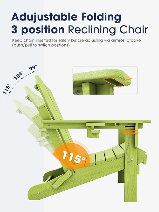 KINGYES Adjustable Folding Adirondack Chair, 3-Position Reclining Adirondack Chairs with Cup Holder, HDPE All-Weather Oversized Adirondack for Outdoor, Patio, Backyard Deck, Fire Pit, Apple Green
