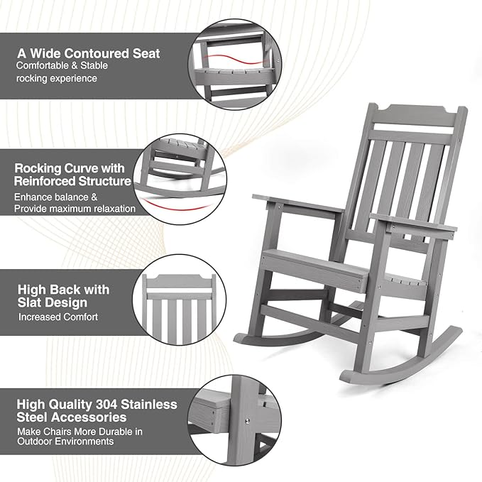 Rocking Chair, All Weather Resistant Poly Lumber Outdoor Porch Rocker, Rocking Chairs for Outdoor, Indoor, Patio, Deck, Garden, Backyard, Load Bearing 380 lbs - Grey