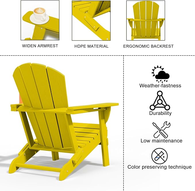 Folding Adirondack Chairs with Cup Holders, Set of 4 HDPE Plastic Outdoor Chairs, Weather Resistant, Real Wood Look, Heavy-Duty Patio Furniture for Deck, Fire Pit, Backyard, Yellow