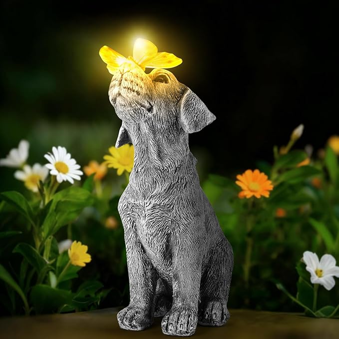 Garden Statues Dog Statue with Solar Butterfly, Ideal Gifts for Friends or Family's Birthday, Outdoor Decorations for Yard