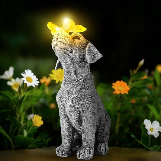 Garden Statues Dog Statue with Solar Butterfly, Ideal Gifts for Friends or Family's Birthday, Outdoor Decorations for Yard