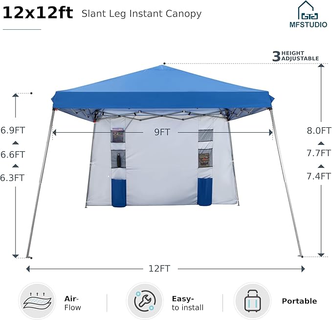 MFSTUDIO Pop up Canopy Tent,12x12 ft Footprint and 9x9 ft at top Canopies with 1 Sidewall, Gazebo Shelter Sun Shade Waterproof Patio Popup Tents 4 Sandbag