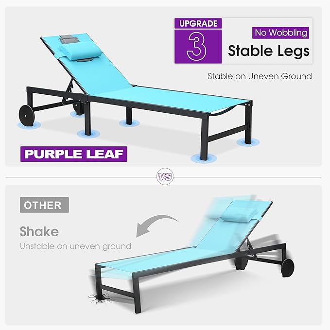 PURPLE LEAF Outdoor Tanning Lounge Chair Set with Face Hole Adjustable Reclining Chairs for Poolside Beach Wheels Pillows and Table Patio Aluminum Sunbathing Lounger Blue