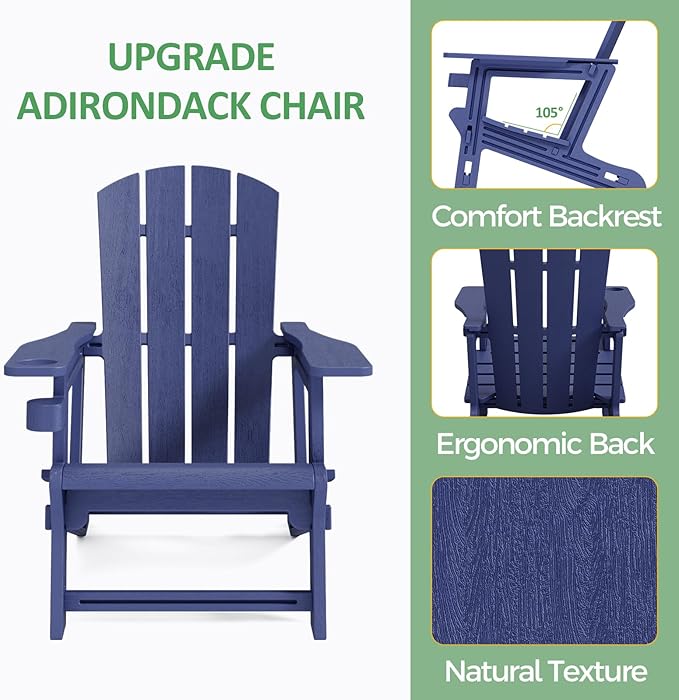 Modern Adirondack Chair, HDPE Plastic Adirondack Chairs, Plastic Outdoor Lawn Chairs for Fire Pit, Deck, Porch, Backyard, Garden, Navy Blue