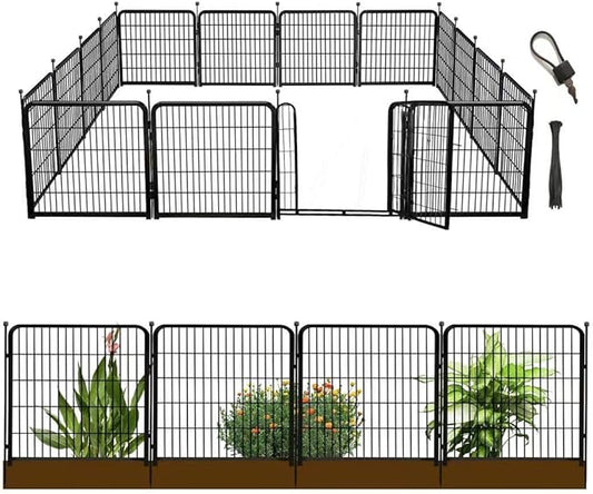 Garden Fences with Gate, 32 in(H)×27 in(L) 16 Panels Total 35.4 Ft(L), Garden Animal Barrier, Fence for Dogs Outside, Heavy Duty Iron Metal Animal Barrier Fence, Flower Bed Fencing