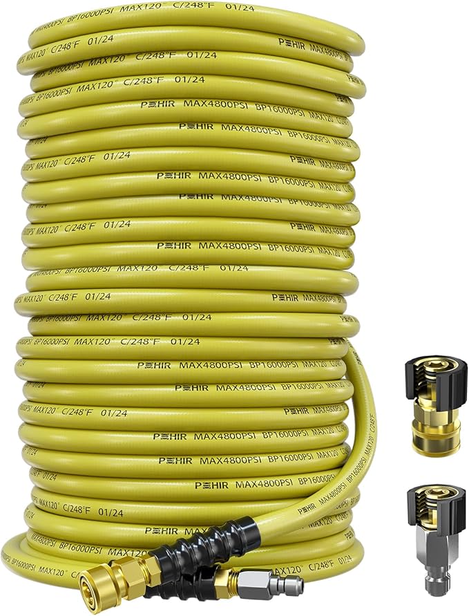 POHIR 100ft Pressure Washer Hose 3/8" 4800 PSI, Power Washer Hose with 3/8 Quick Connect, Hot & Cold Water Hose Max 248°F, Commercial Industrial Grade Steel Wire Braided Kink Proof Extension Hose