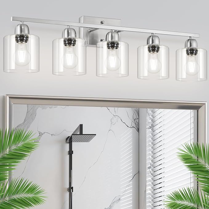 Modern Brushed Nickel 5 Light Bathroom Vanity Light, 31 inch Bathroom Light Fixtures, Vanity Lights with Clear Glass for Mirror Kitchen Living Room Hallway Cabinet Porch