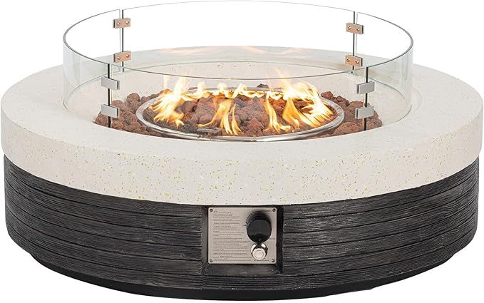 COSIEST 42" Outdoor Propane Fire Pit Table w Tank Cover & Wind Guard, Round Gas Fire Pit Table with Concrete & Wood Grain Design, 50000BTU Fire Tables for Patio, Backyard, Garden