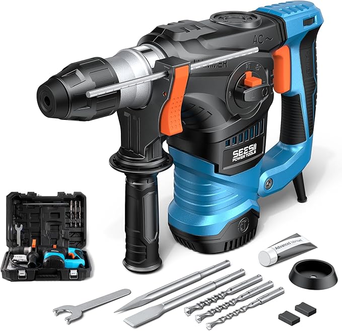 Seesii Powerful Rotary Hammer Drill: 13 Amp 6J Power, 1-1/4" SDS-Plus Demolition Rotary Hammer for Concrete, 4-in-1 Multi-Function Tool with Safety Clutch & Vibration Control for Home and Pro Projects