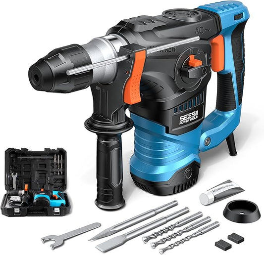 Seesii Powerful Rotary Hammer Drill: 13 Amp 6J Power, 1-1/4" SDS-Plus Demolition Rotary Hammer for Concrete, 4-in-1 Multi-Function Tool with Safety Clutch & Vibration Control for Home and Pro Projects