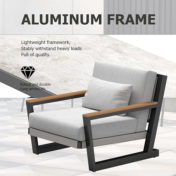 Aluminum Patio Sofa Set with PE Rope Weaving, 500lbs Capacity Outdoor Conversation Set, Waterproof UV-Resistant Cushions & Powder-Coated Frame, Modern Sectional for Poolside, Garden Grey