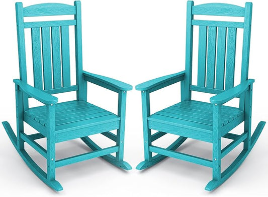KINGYES Outdoor Rocking Chair Set of 2, High Density Polyethylene Patio Rocking Chairs with 330lbs Support for Adults, Aruba Blue
