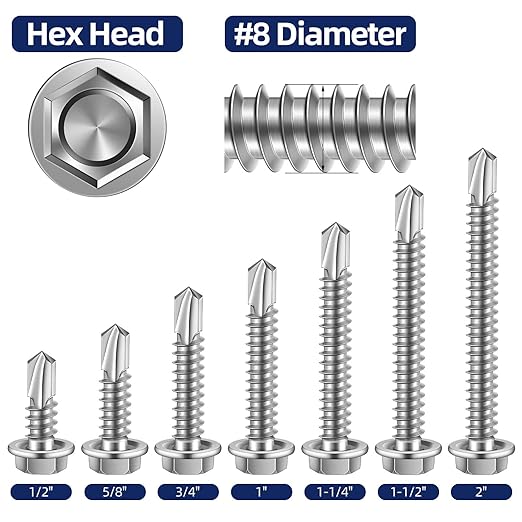 MewuDecor #8 x 1-1/4" Hex Washer Head Self Tapping Sheet Metal Screws with Drill Point, Stainless Steel 410, Self Drilling, 100 PCS