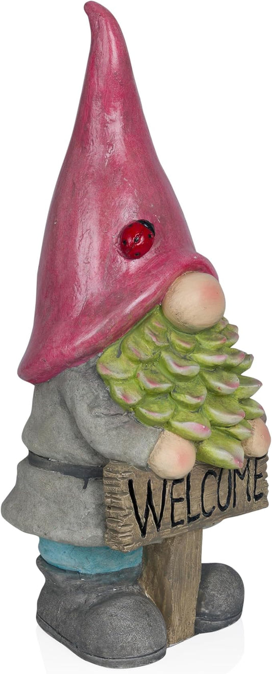 Alpine Corporation QWR1466 Gnome with Red Hat Holding “Welcome” Sign, Stylish Décor for Garden, Patio, & Pathway, 19" H, Multicolor