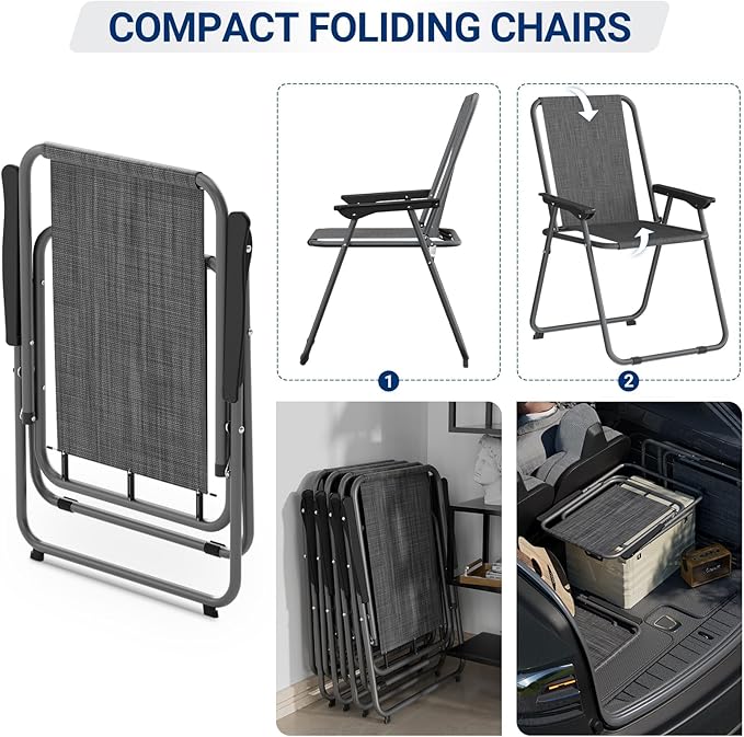 UDPATIO Patio Folding Chairs Set of 6, Lightweight Portable Patio Chair with Sturdy Steel Frame and Weather-Resistant Textilene Fabric, Black