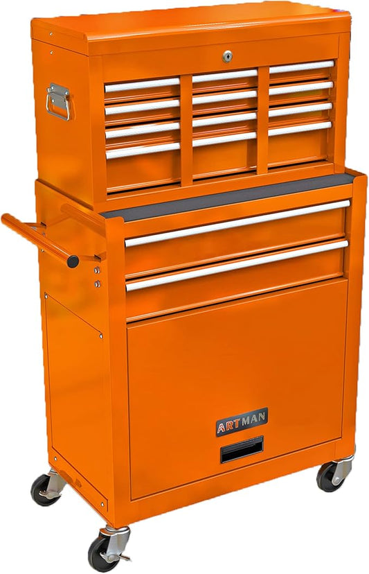 8 Drawers Rolling Tool Box Organizer,High Capacity Tool Chest with Wheels,Lockable Rolling Tool Chest with Bottom Cabinet, Tool Box Rolling Workshop Storage Cabinet (8 Drawers(Orange))